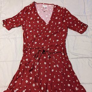 Bordeaux Floral Short Sleeve Ruffle Wrap Dress